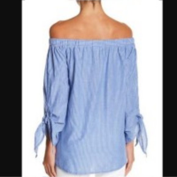 beachlunchlounge  Paige Blue Stripe Tie Bell Sleeve Off The Shoulder Top S - Picture 8 of 8